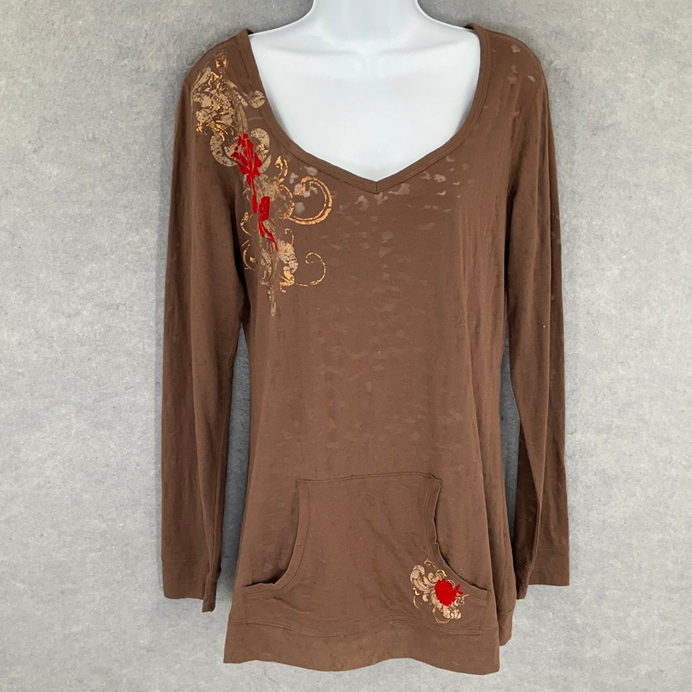 Wrangler Top Womens Sz L Brown‎ Long Sleeve V-Neck Graphic Pocket 90s Style